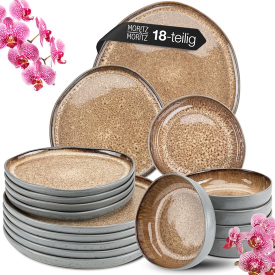 Moritz & Moritz ORGANIC 18-delige Serviesset voor 6 personen Beige – Modern Bordenset Aardewerk – Servies met dinerborden, dessertborden en soepborden