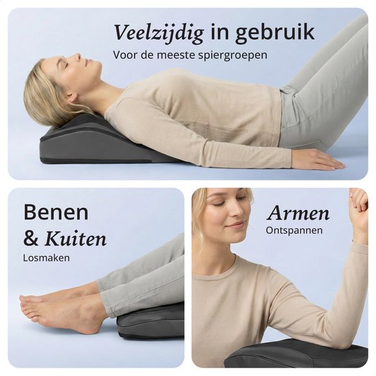 Vrouw gebruikt veelzijdig massagekussen voor nek, benen, kuiten en armen. Ideaal voor spierontspanning.