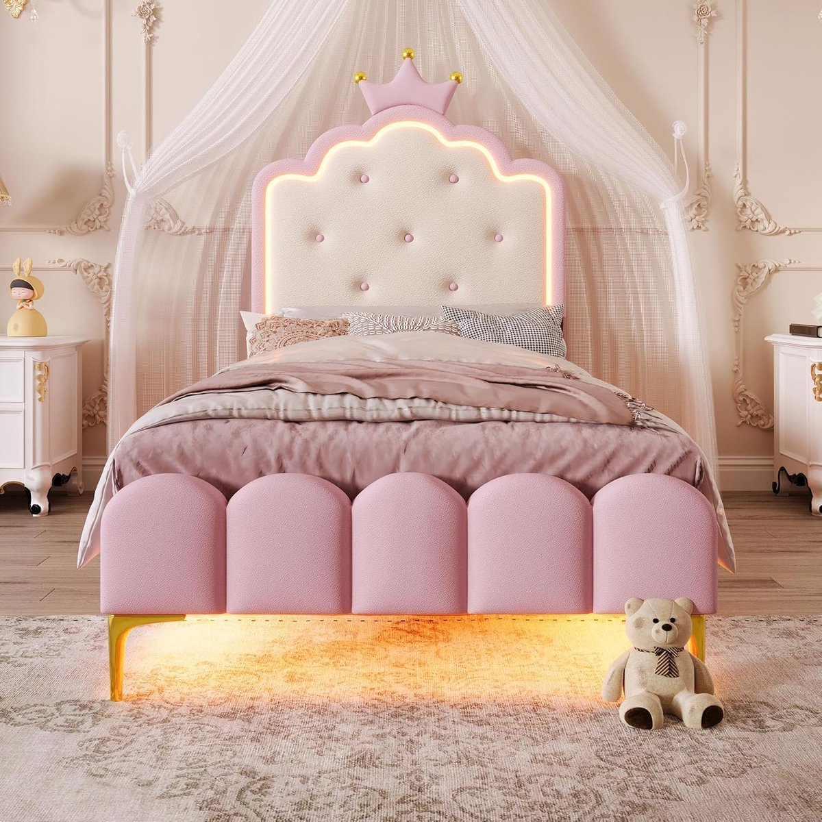 Gestoffeerd Eenpersoonsbed 90x200 met Ingebouwd Sfeerlicht en Lattenbodem Roze PU