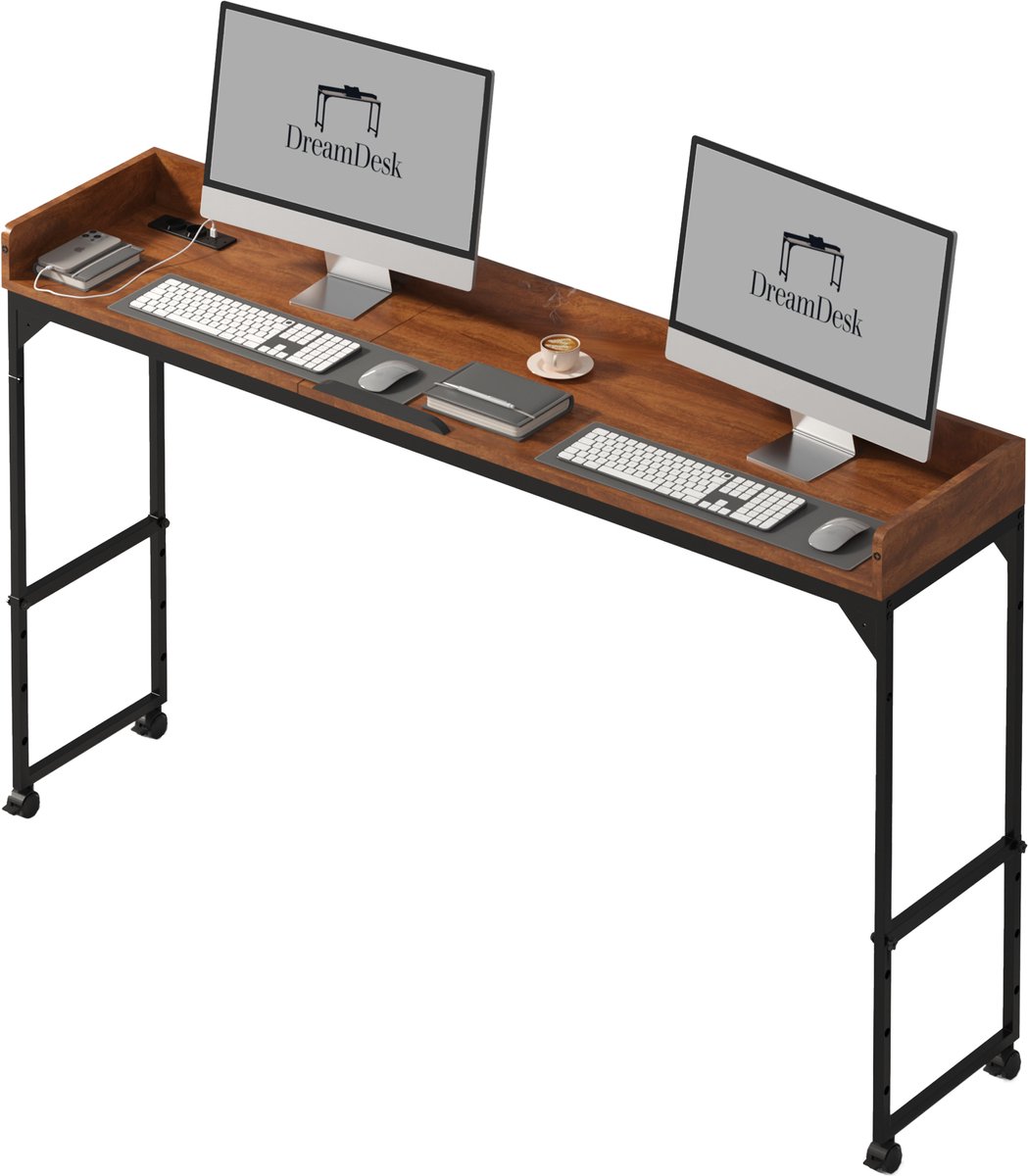 DreamDesk Verrijdbaar Bureau op Wielen Laptop & Werkbureau – Standing Desk - Bureaublad - Sta Bureau - Overbed tafel - Bed tafel - Past Over Bed - Bedtafeltje - Verstelbare tafel - 180 cm – Espresso Brown