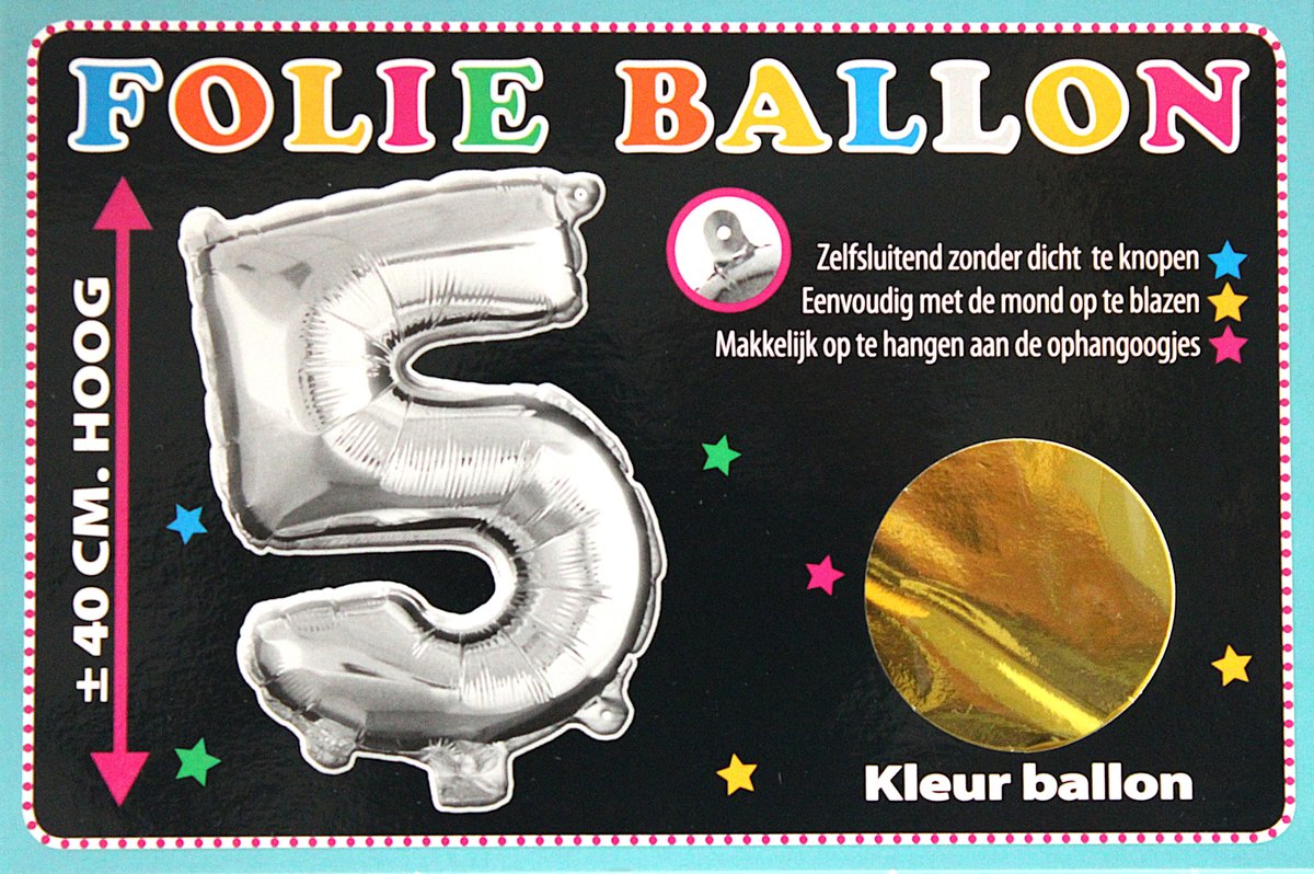 Folieballon - 5 - Cijfer Goud - 40cm - Folie - Ballon - Zelfsluitend - Eenvoudig Met Mond Opblazen - Ophangoogjes - Touche Cards
