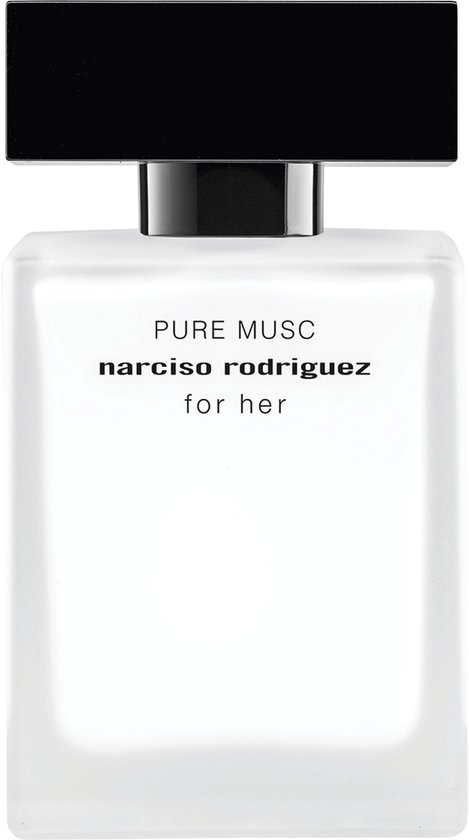Flacon de parfum en verre dépoli avec un capuchon noir. Texte 'PURE MUSC narciso rodriguez for her'.