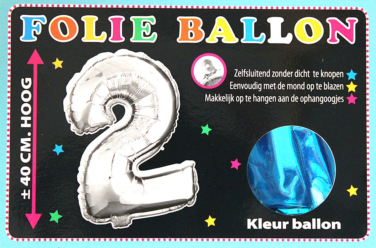 Folieballon - 2 - Cijfer Blauw - 40cm - Folie - Ballon - Zelfsluitend - Eenvoudig Met Mond Opblazen - Ophangoogjes - Touche Cards