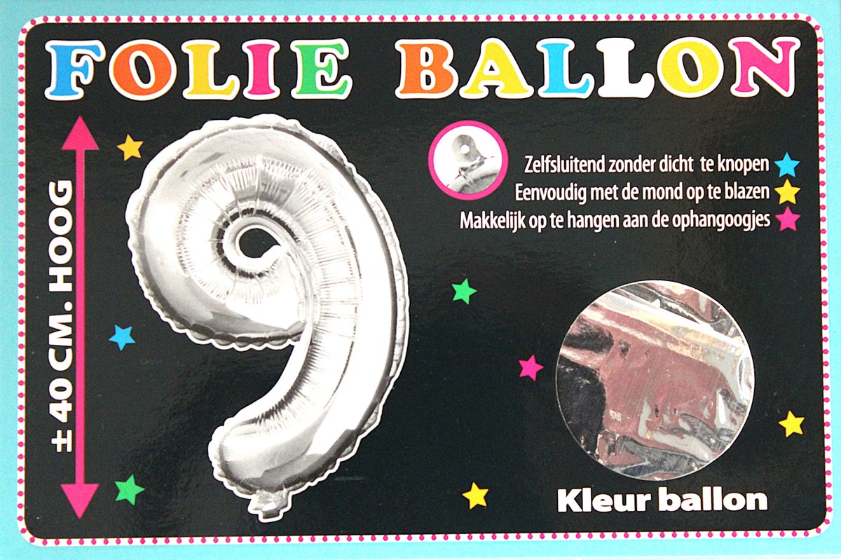 Folieballon - 9 - Cijfer Zilver - 40cm - Folie - Ballon - Zelfsluitend - Eenvoudig Met Mond Opblazen - Ophangoogjes - Touche Cards