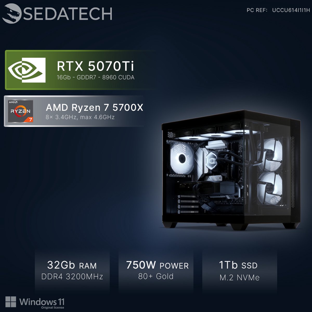Sedatech Advanced Gaming PC Waterkoeling Aquarium • AMD Ryzen 7 5700X 8x 3.4GHz • Geforce RTX5070Ti • 32Gb RAM • 1Tb SSD M.2 • WiFi, USB C • Windows 11 • Desktop computer — afbeelding 3