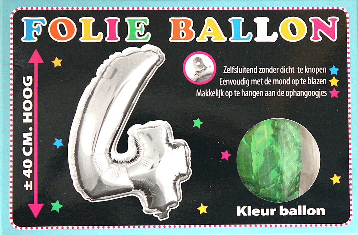 Folieballon - 4 - Cijfer Groen - 40cm - Folie - Ballon - Zelfsluitend - Eenvoudig Met Mond Opblazen - Ophangoogjes - Touche Cards