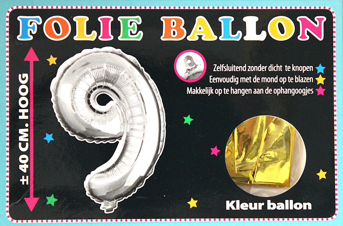 Folieballon - 9 - Cijfer Goud - 40cm - Folie - Ballon - Zelfsluitend - Eenvoudig Met Mond Opblazen - Ophangoogjes - Touche Cards