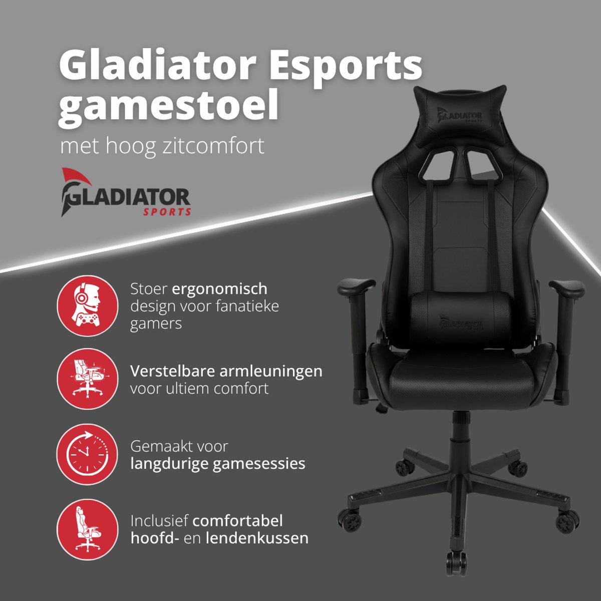 Gladiator Gamestoel Verstelbare Arm- en Rugleuning Zwart - afbeelding 2