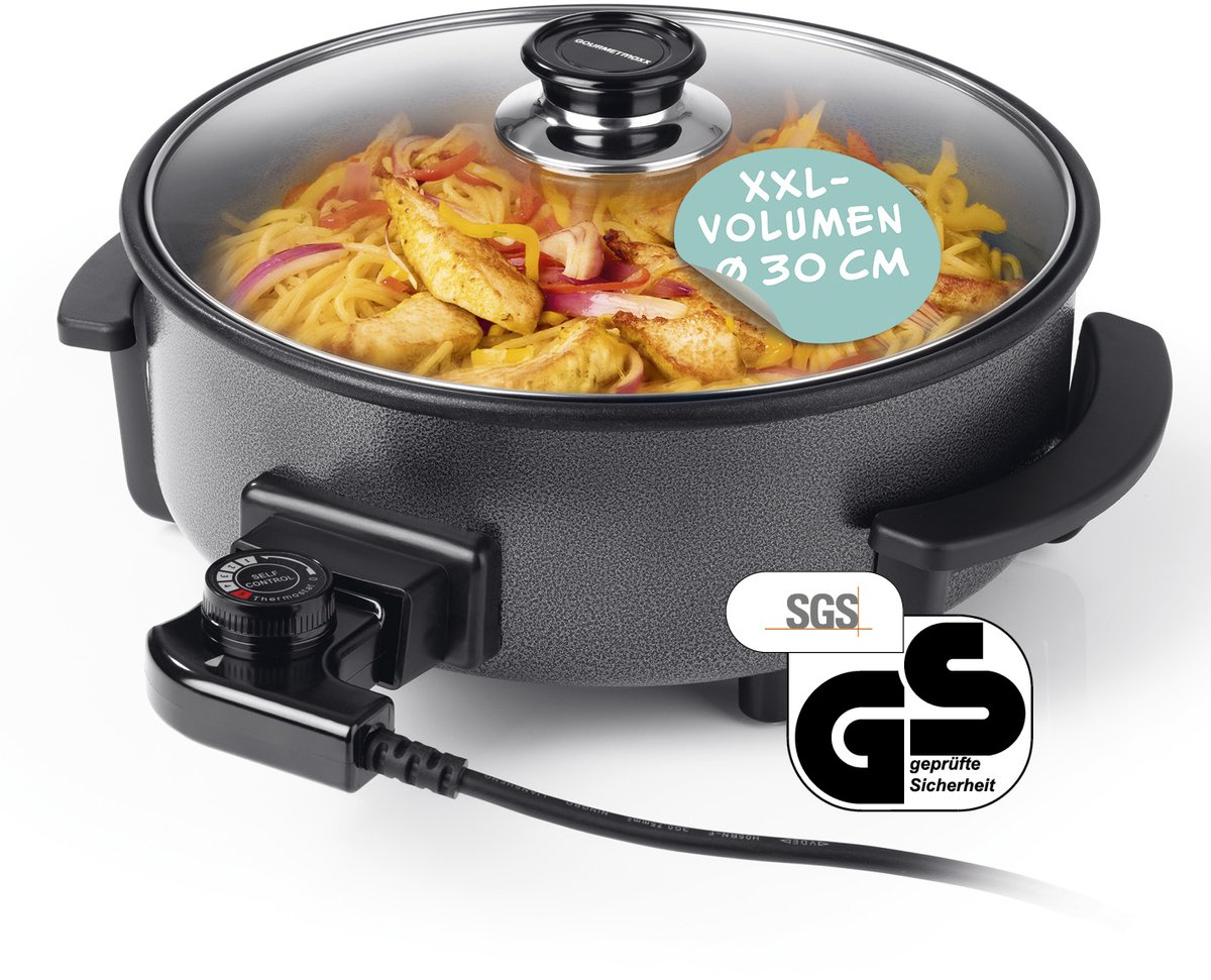 GOURMETmaxx elektrische pizzapan met thermostaat, glazen deksel en antiaanbaklaag | elektr
