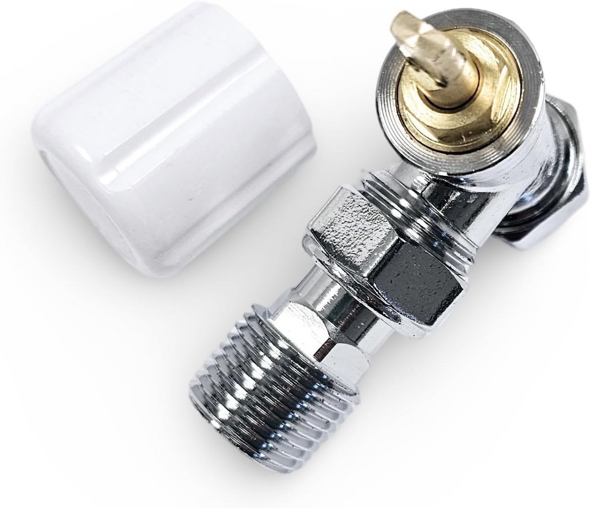 Hoekige Radiatorkraan Set 15mm x 1/2" met Witte Draaiknop en Afsluitkap + Extra Olief