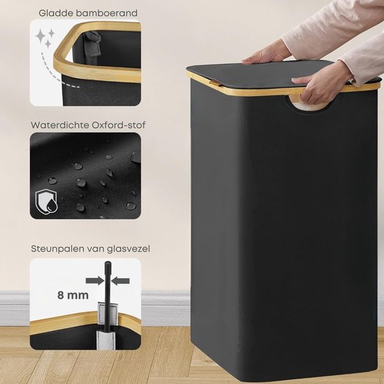 ACAZA Panier à Linge - Trieur de Linge - 3 Compartiments - Bamboe - Zwart