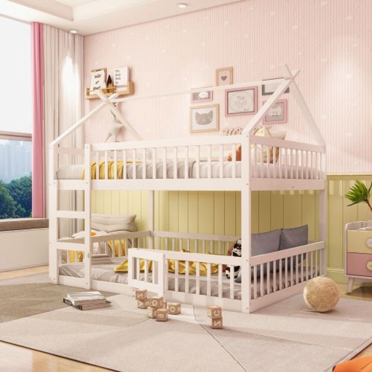 Kinder Stapelbed 140x200 - Familiebed Met Trap In Loft Design - Massief Hout - Wit