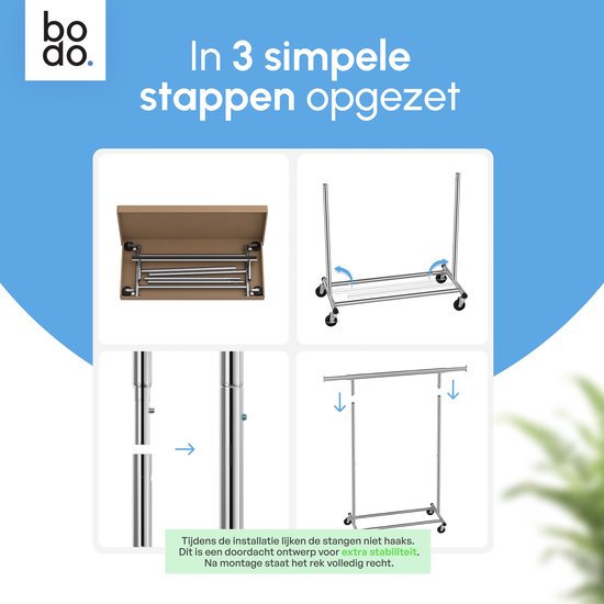 Montagehandleiding voor het kledingrek in 3 simpele stappen: uitpakken, poten bevestigen, stangen in elkaar schuiven.