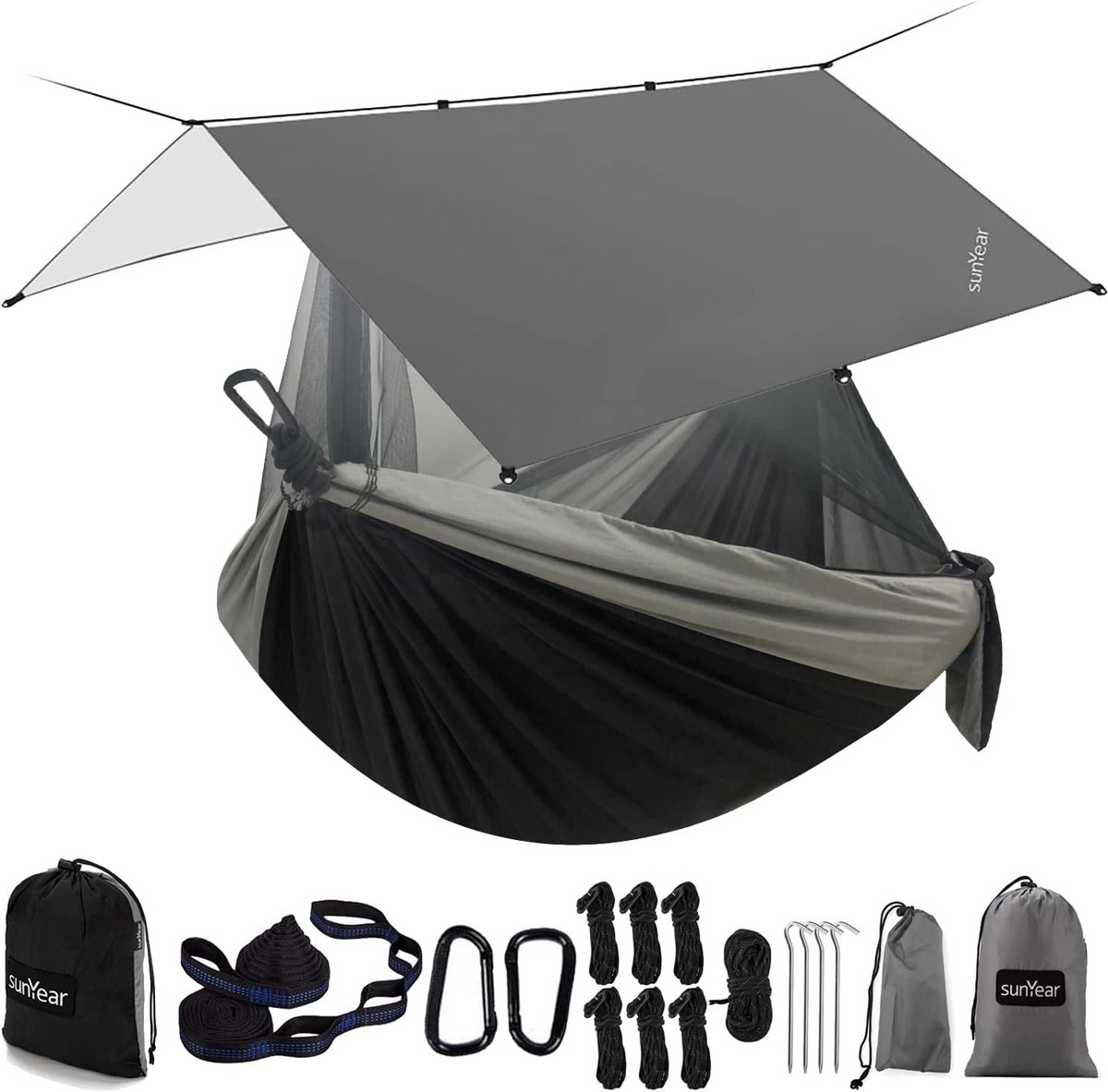 Campinghangmat met regen vliegzeil en net - 210T parachute nylon - Verstelbare riemen - 500 lbs capaciteit