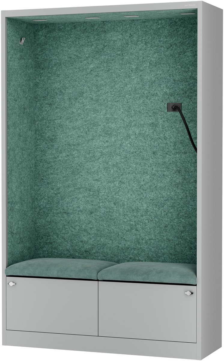 SALLY MentalBox - Geluidsabsorberende cabine voor 2 personen - met zitje - Kledinghanger + Ruime lade - Ingebouwde telefoonhouder + USB-C-poort - Groen / Grijs