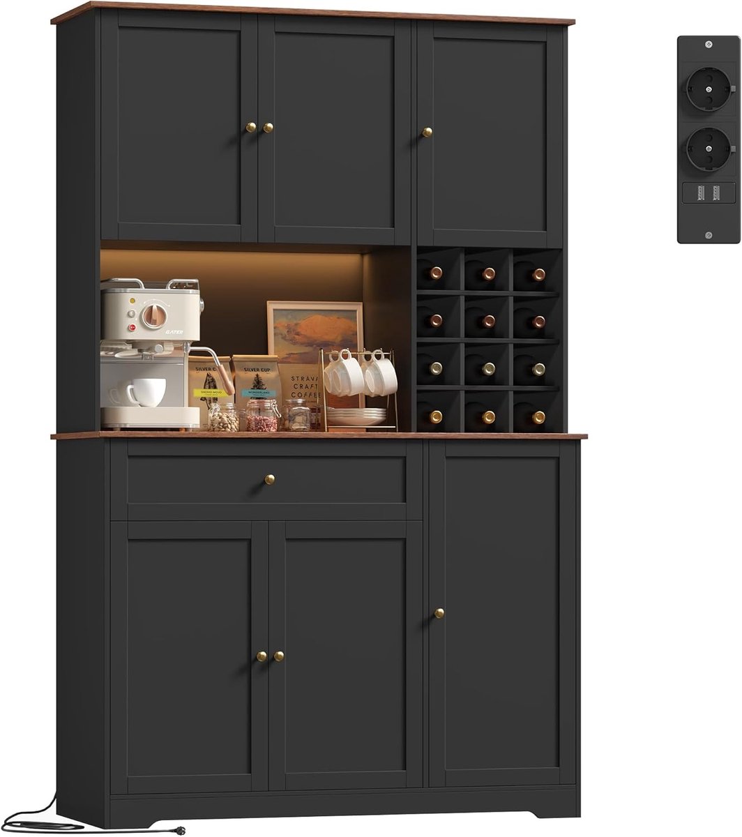 Ruime Buffetkast Keukenkast 180cm met LED en Stopcontacten - Hoogglans Zwart