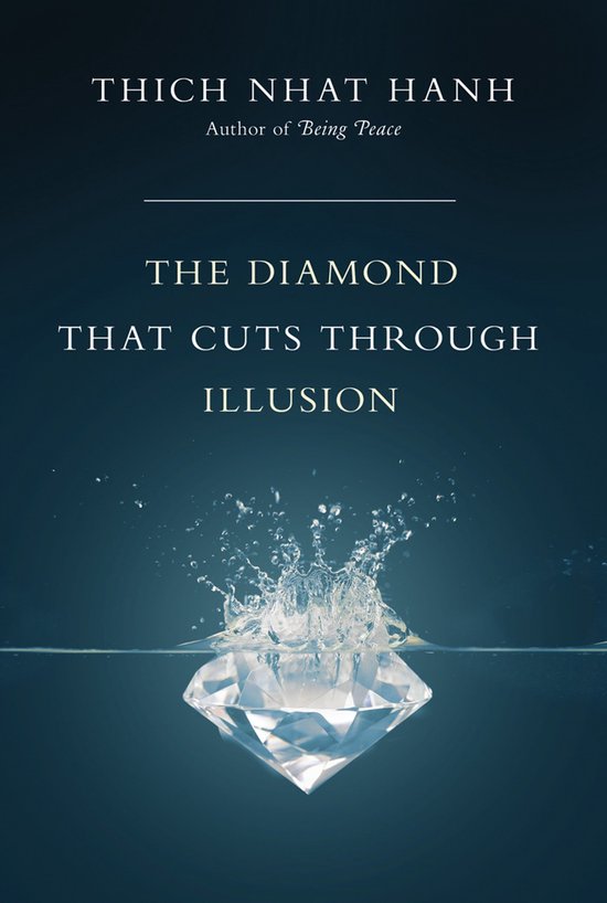 Boek 'The Diamond That Cuts Through Illusion' met een diamant die in water valt.