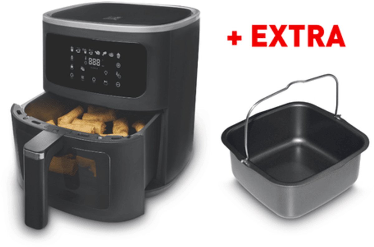 FRITEL Airfryer SnackTastic® 7720 – Heteluchtfriteuse 8L - Airfryer XXL – 1700W – Voor 1-8 Personen – Touchscreen – Airfryer met Kijkvenster & Verlichting – 8 Programma’s – PFAS-vrij – Zwart – Incl. Extra Cakevorm
