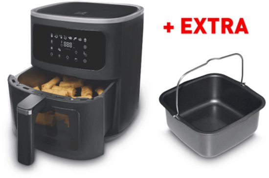 FRITEL Airfryer SnackTastic® 7720 – Heteluchtfriteuse 8L Incl. Extra Cakevorm - Airfryer XXL – 1700W – Voor 1-8 Personen – Touchscreen – Airfryer met Kijkvenster & Verlichting – 8 Programma’s – PFAS-vrij – Zwart – Met Bakvorm voor Cake