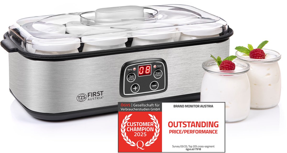 Bol.com TZS First Austria Yoghurtmaker - 25W - Timer - Inclusief 8x180ml glazen potjes - Zilver aanbieding