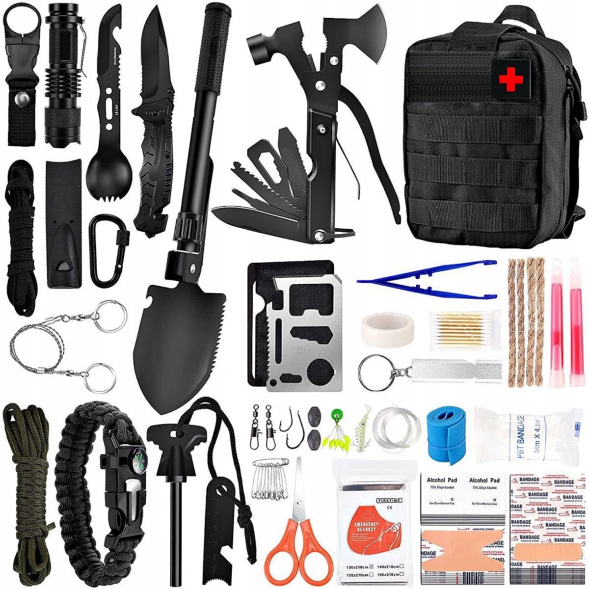 XXL Survival Kit 92-in-1 – Noodpakket Outdoor & Camping – Bushcraft Set met EHBO Kit, Multitool, Bijl, Zaklamp, Paracord – Inclusief Tactische Opbergtas