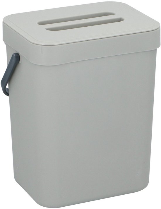 Bac à compost gris avec couvercle et poignée, sans accessoires.