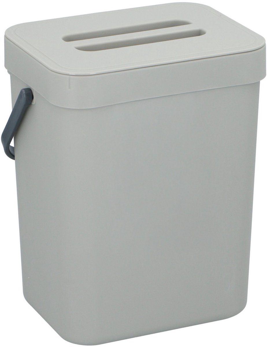 Gft afvalbakje voor aanrecht of aan keuken kastje - 5L - grijs - afsluitbaar - 24 x 19 x 14 cm - compostbakje met ophang beugel