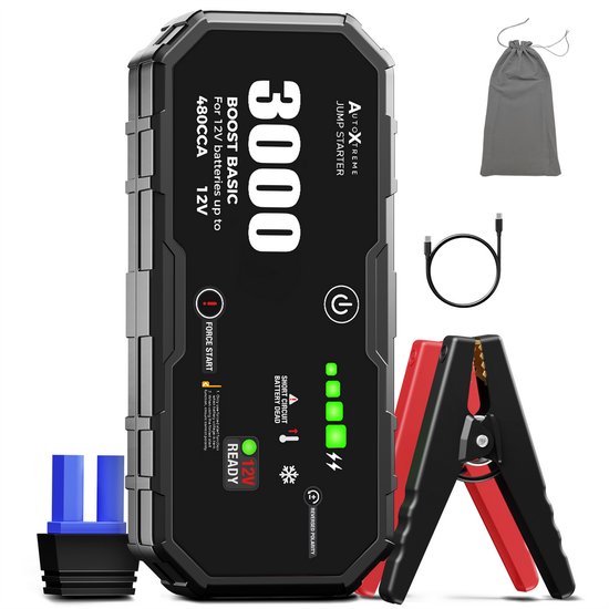 AutoXtreme Jumpstarter 12V voor Auto – 480CCA – Boost Basic 3000 – Starthulp met Forcestart, LED-scherm & Powerbank – Incl. Zaklamp & Opbergzak
