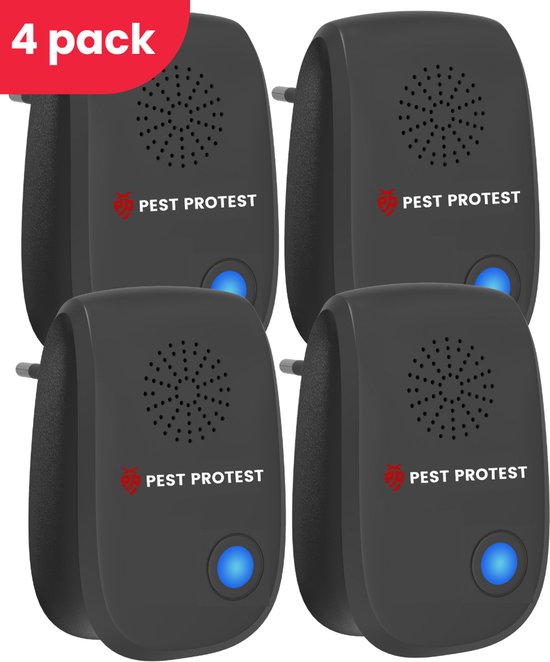 Pest Protest 4-Pack Ultrasonische Muizenverjager - Ongedierte Verjager Voor Binnen - Diervriendelijke Muizen en Insecten Bestrijding - Ultrasone Repeller - Zwart