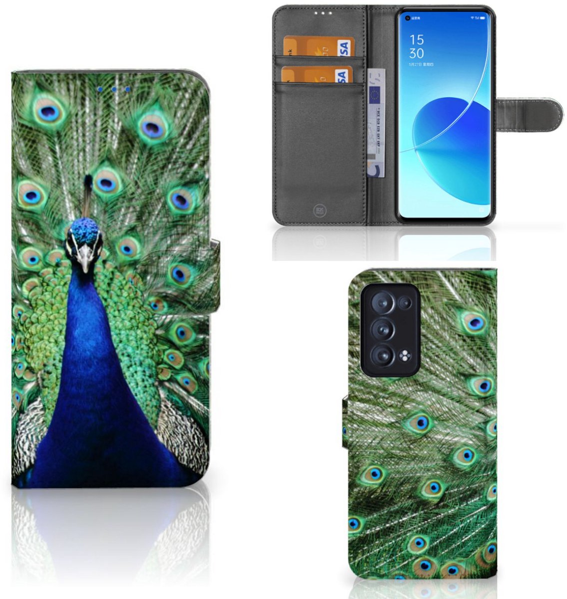Book Case voor OPPO Reno 6 Pro Plus 5G Telefoonhoesje met Pasjes Pauw