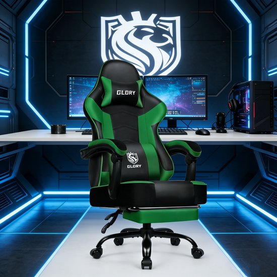 Fukstern Gaming Stoel-Ergonomische gamestoel-170°Verstelbare Rugleunin gaming chair-Inklapbare voetsteun-Geïntegreerde armleuningen-Max. Draagvermogen 150 kg – Groen