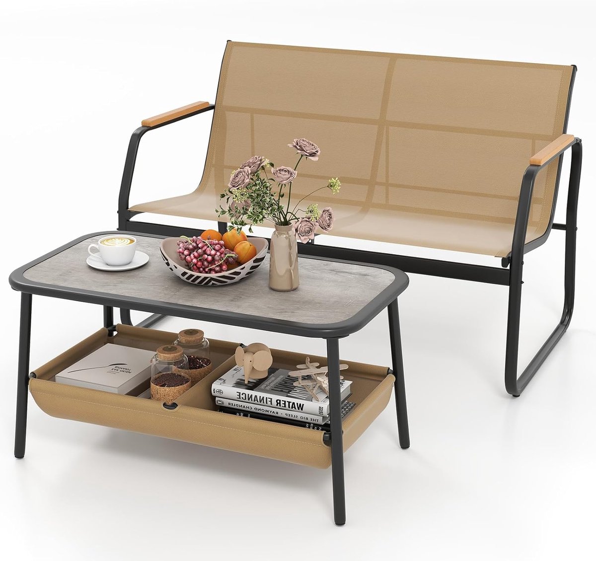 KOMFOTTEU 2-delige tuinmeubelset, tafel en stoelen van textielstof, bistroset met 2-zitsbank en salontafel met 2 opbergvakken, bruin