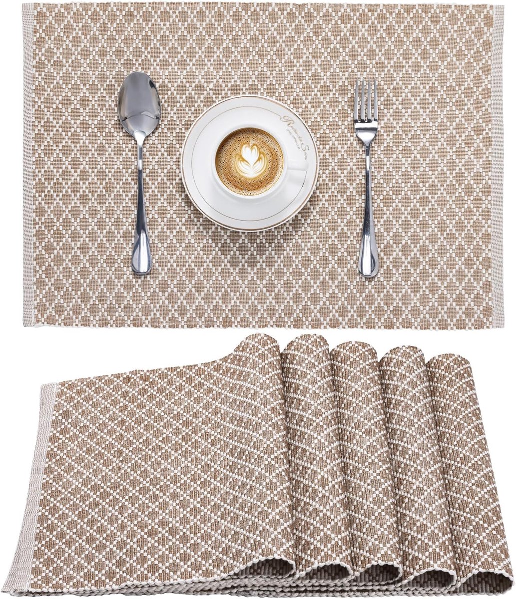 Set van 6 Wasbare Katoenen Placemats - Grote Onderzetters 33x48 cm - Beige Geribde Stof