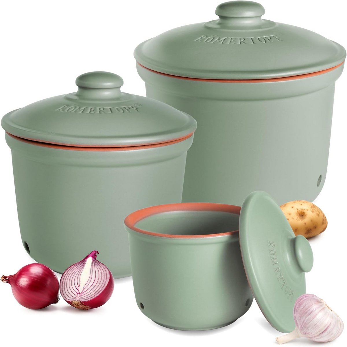 Set van 3 ademende keramische bewaarpotten voor aardappel, ui en knoflook