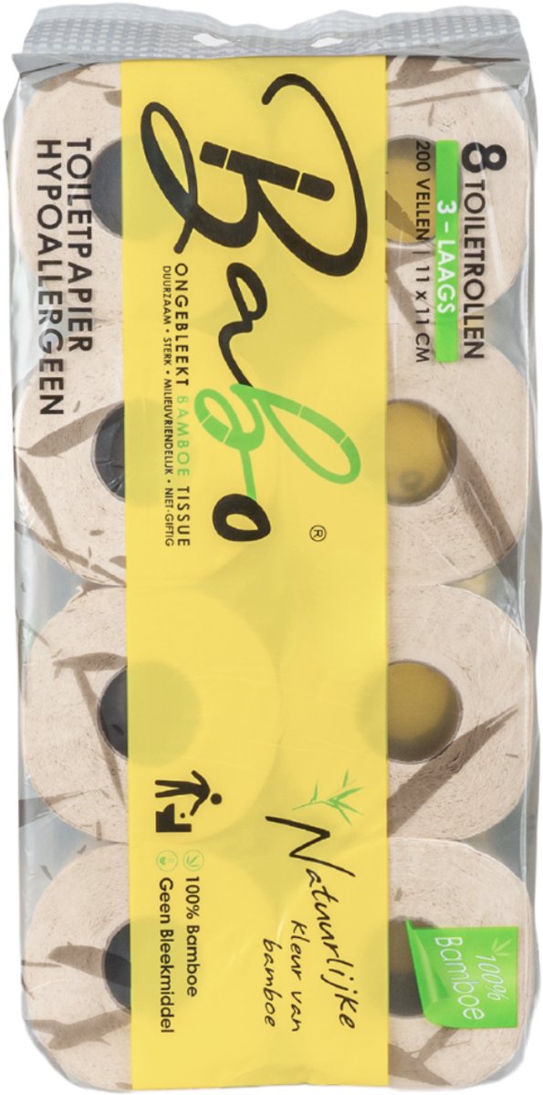 Bamboe Toiletpapier 3-laags, 200 vellen (8 Rollen = 16 standaard Rollen) ( 8 x 200 = 1600 vellen )