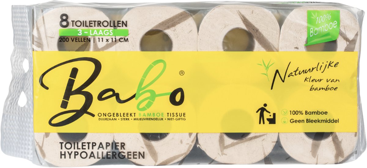 Bamboe Toiletpapier 3-laags, 200 vellen (8 Rollen = 16 standaard Rollen) ( 8 x 200 = 1600 vellen )