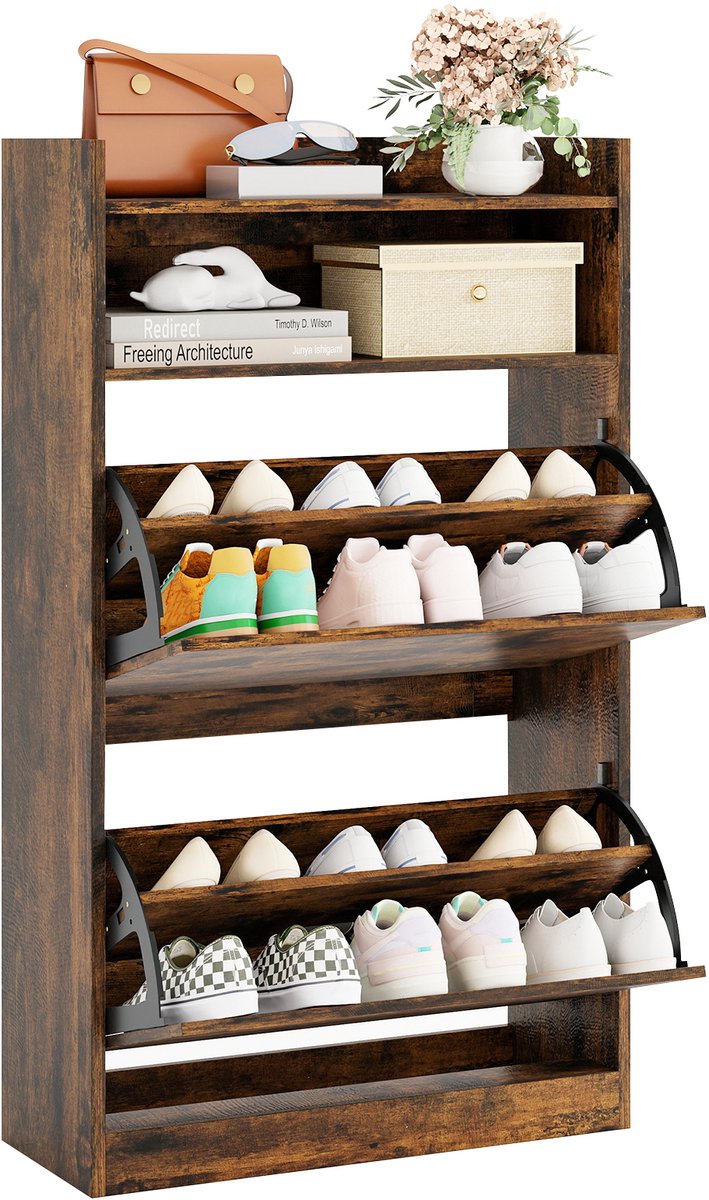 Costway Schoenenkast met 2 kleppen, smalle schoenorganizer met open opbergruimte, vrijstaand schoenenrek, hout, 60 x 24 x 102 cm, voor hal, hal en woonkamer (bruin)