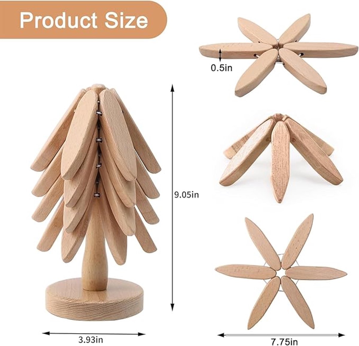 Houten Onderzetters in De Vorm Van Een Boom - Opvouwbare Houten Onderzetter - Set van 4 Houten Onderzetters en 1 Houder - voor Pannen, Koekenpannen en Warme Kommen — cadeau in Koken & Dineren - foto 8