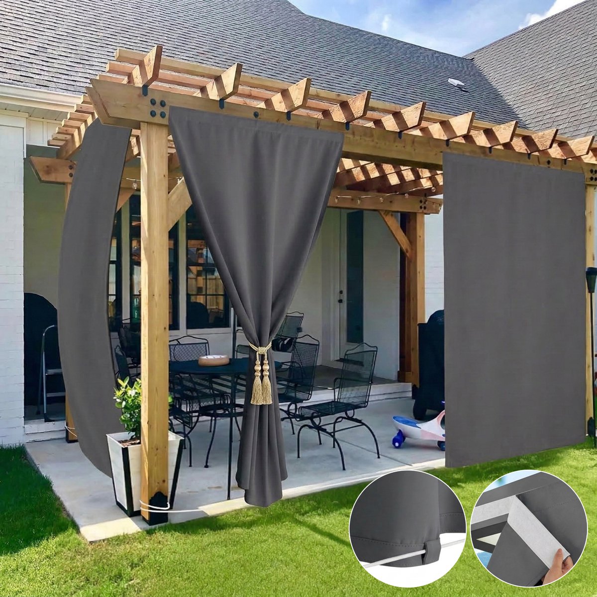 Qelus 2 Stuks Winddicht Buitengordijn Klittenband & Lussen - 100% Verduisterend Outdoor Gordijn Waterdicht - Zonder Roede Demonteren - Rideau Occultant - 132x244cm - Grijs