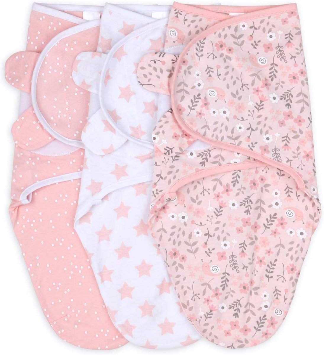 Inbakerdekens voor Babymeisjes met Roze Bloemen en Sterren - 3-Pack Wikkelset in 2 Maten
