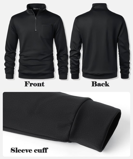 Zwart sweatshirt met kwart rits, borstzak en nauwsluitende mouwboorden. Vooraanzicht, achteraanzicht en close-up detail.