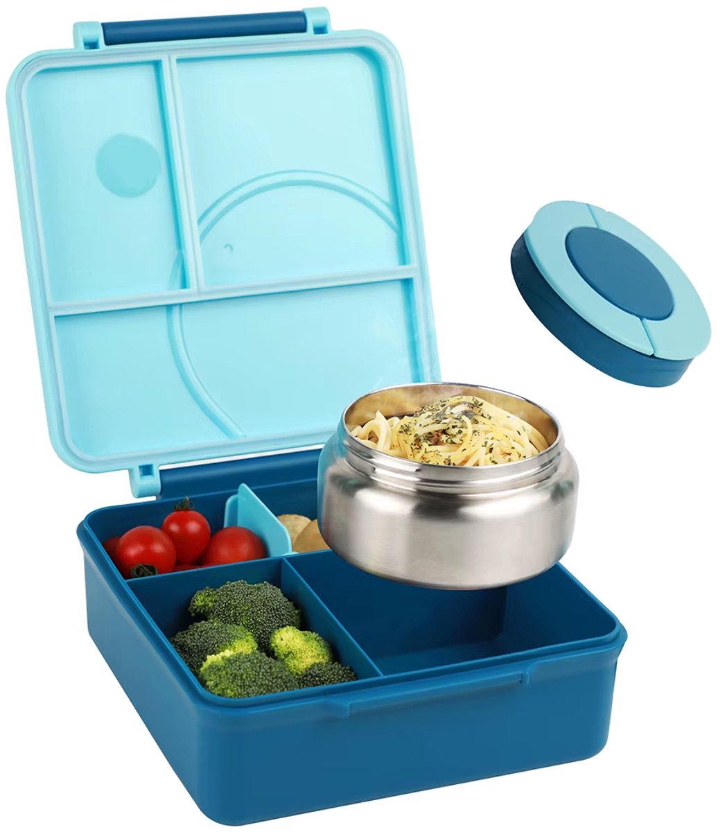Draagbare Lunchbox, Plastic Lunchbox Met Roestvrijstalen Soepkom, 3 Compartimenten, Geschikt Voor Magnetron Verwarming, Kan Worden Gebruikt Als Lunchbox, Picknickbox ,School, Kantoorvoedselcontainer (Blauw)