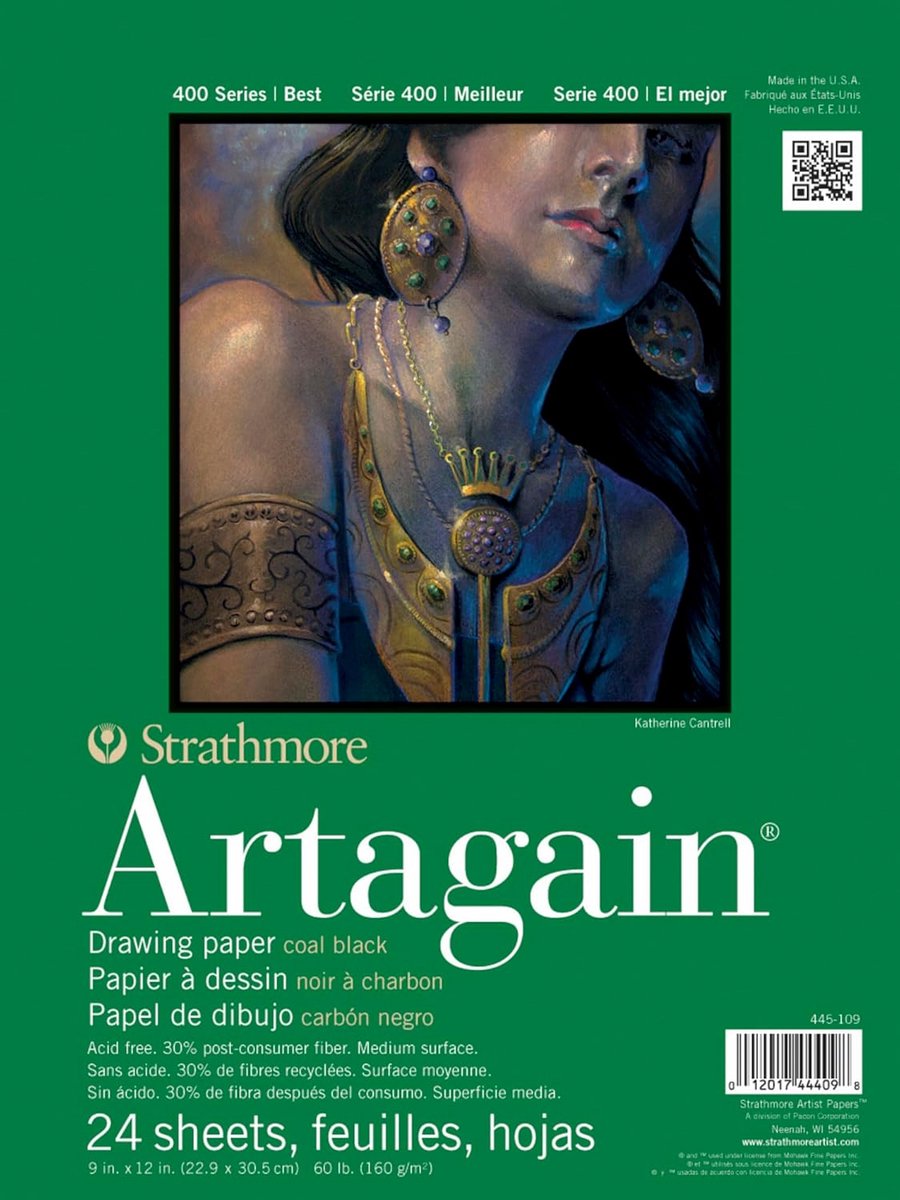 Artagain Papierblok 23 x 30,5 cm - 24 Vellen Zwart voor Pastels en Houtskool