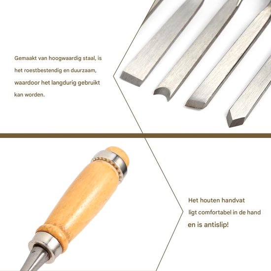 Close-up van metalen beitelbladen en houten handvat van een houtbeitel.