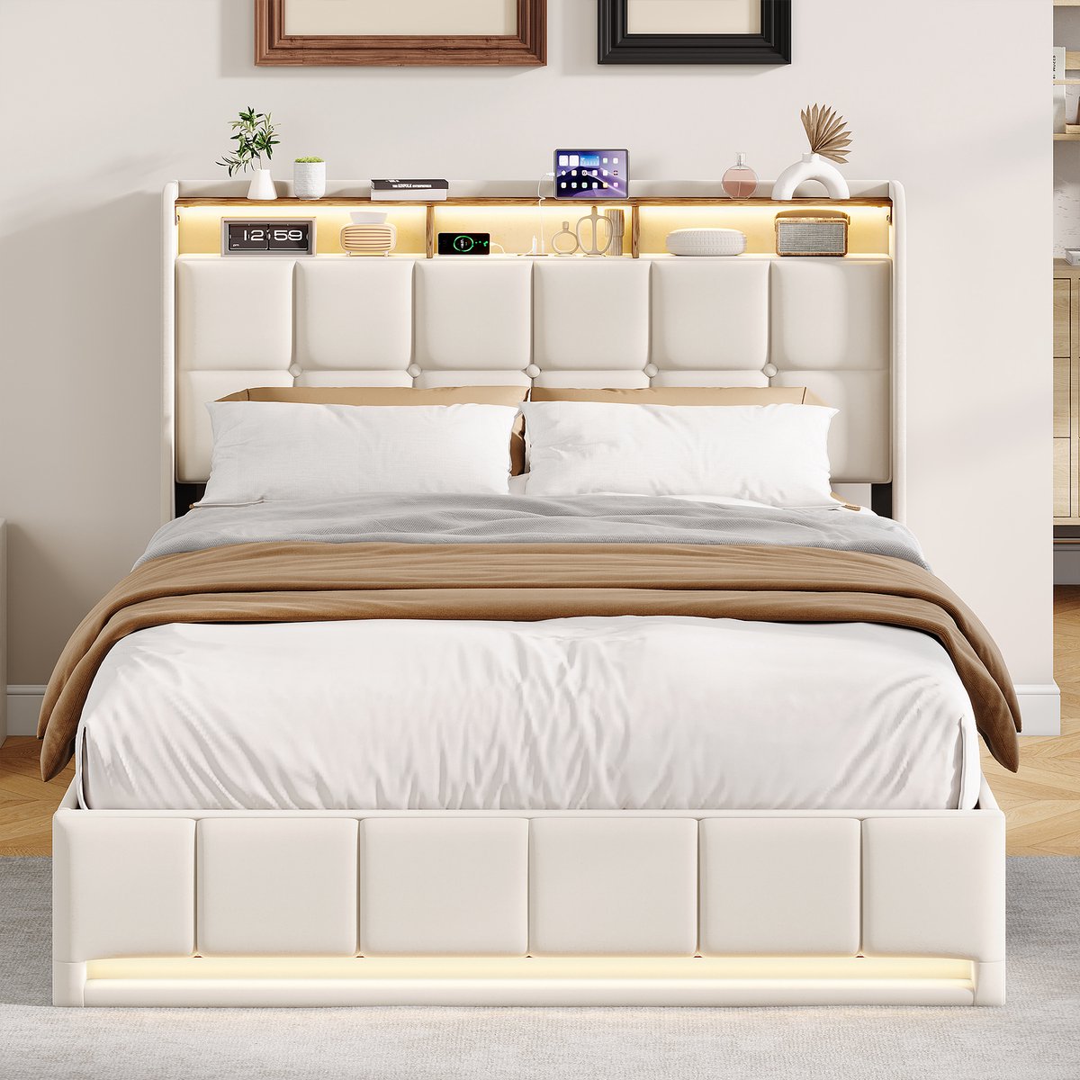 SHOPENTRA Opbergbed 160x200 cm Beige – Gestoffeerd Tweepersoonsbed met Gasveer, LED Hoofd- en Voetbord, USB/Type-C Oplaadpoort – Linnen Bedframe