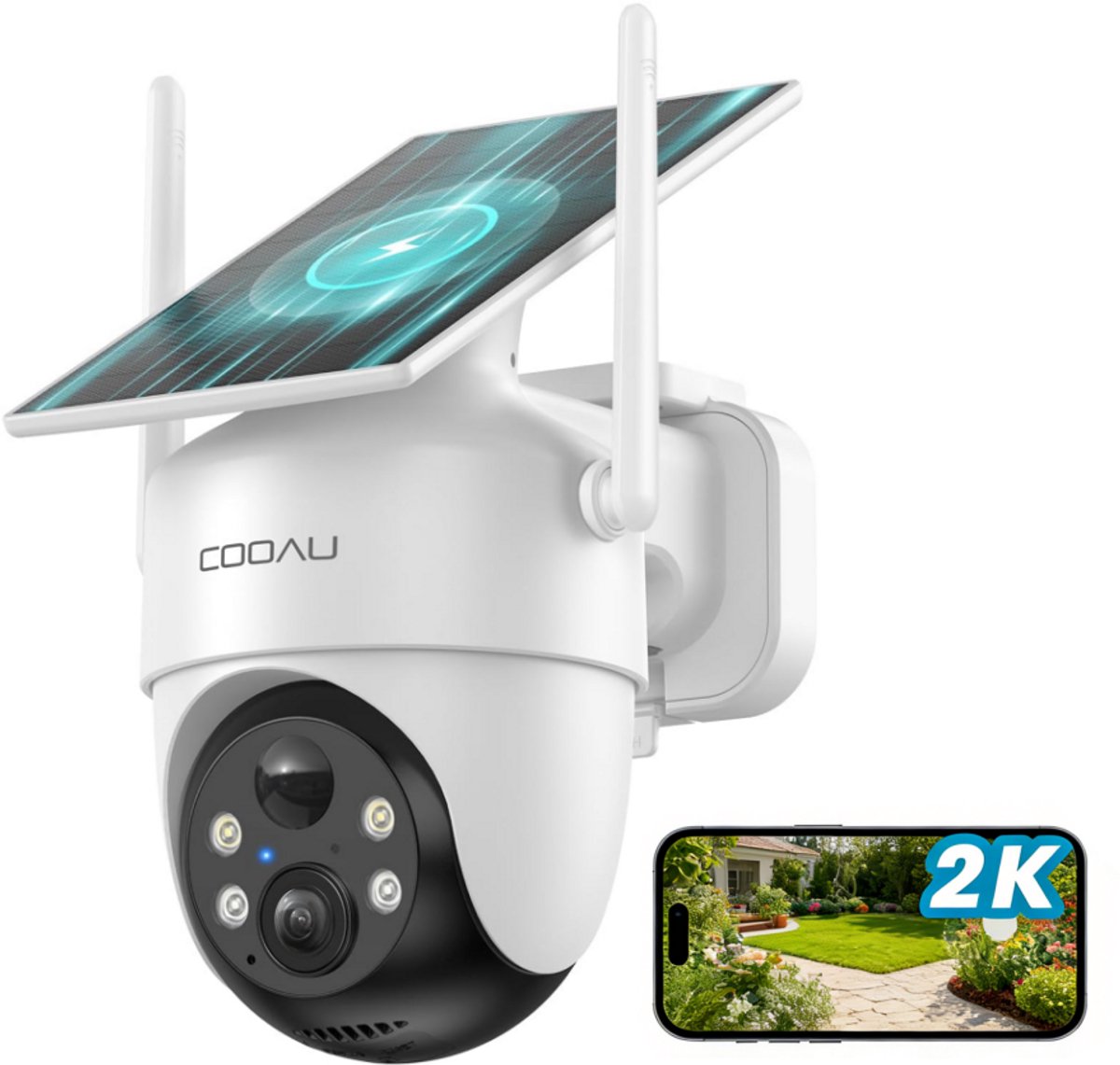 COOAU C5 Beveiligingscamera - Draadloze 2K Beveiligingscamera voor buiten - 360° Gekking - Geïntegreerd zonnepaneel - kleuren-Nachtzicht - Alexa