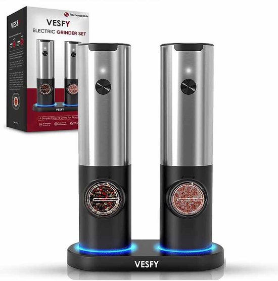 Vesfy XXL Elektrische Peper en Zoutmolen Set - USB Oplaadbaar met Laadstation - Instelbare Maalgraad - LED Licht - BBQ Accessoires
