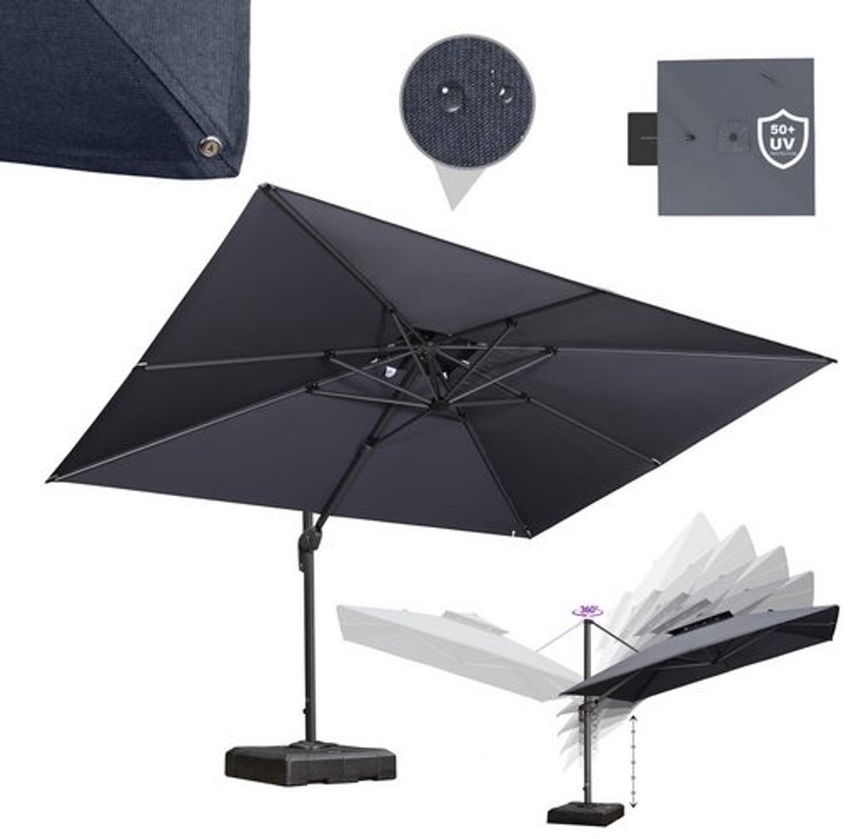 PURPLE LEAF Rechthoek Parasol – met Handkruk – Grijs Frame – Dubbellaagse Kap – 360° Draaibaar – Geschikt voor Tuinen – Terrassen – Zwembaden