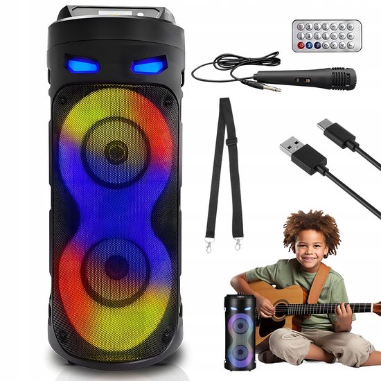 Bluetooth 16W Draagbare Speaker Stereo 2x8W RGB-verlichting TWS Karaoke Microfoon Zwart