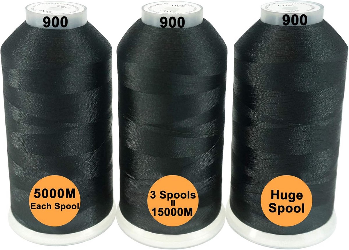 Set van 3 Zwarte Polyester Borduurgaren 5000M voor Borduurmachines